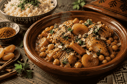 Ras el hanout stoofschotel met kip, kikkererwten, wortel en abrikozen in een Marokkaanse tajine.