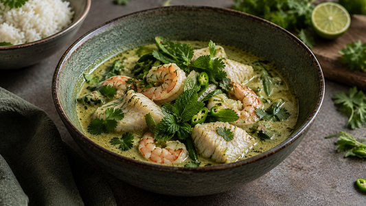 Romige groene curry met garnalen en vis